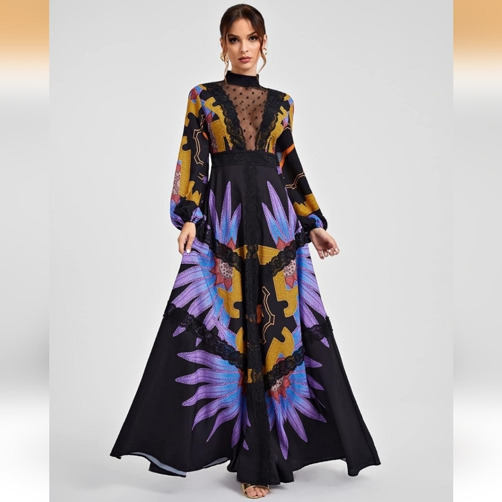 SHEIN Black Maxi Dress with Purple and Gold Floral Print